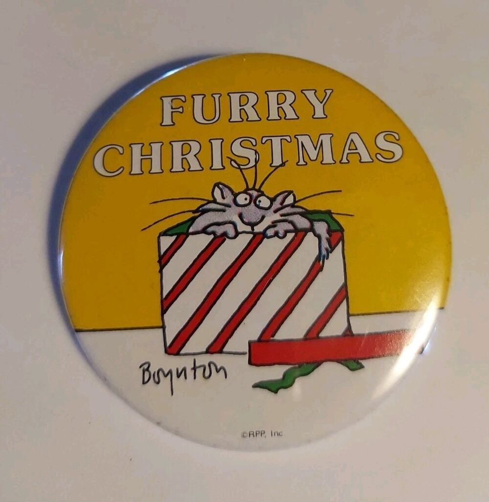 Vintage Sandra Boynton Cat Furry Christmas Pin Button Pin-Back